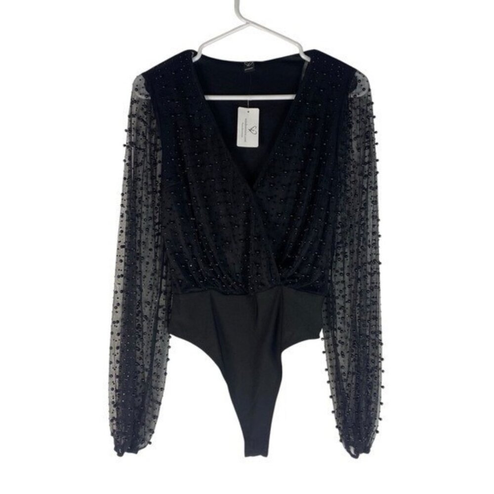 NEW Windsor Beaded Faux Wrap Long Sleeve Bodysuit Top XS Black Sheer Sleeves